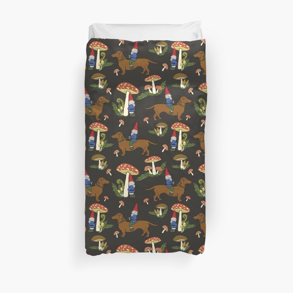 Gnome and Dachshund in Mushroom Land, Dark Brown Background Duvet Cover
