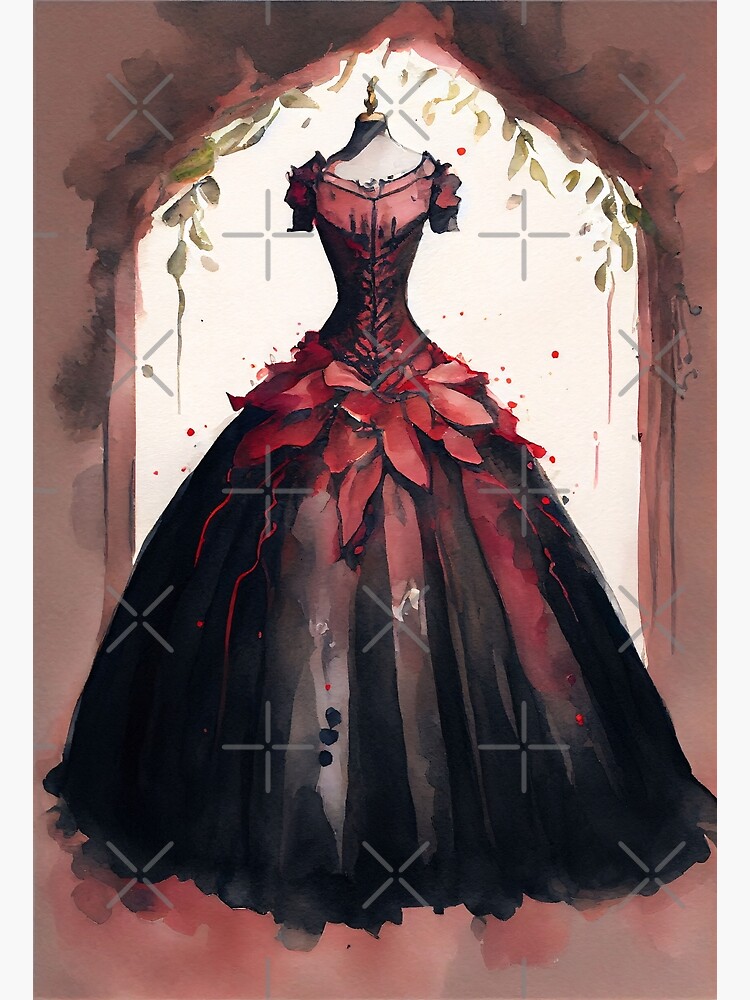 A Gothic Wedding Dress Watercolor Bridal Gown Black and Red