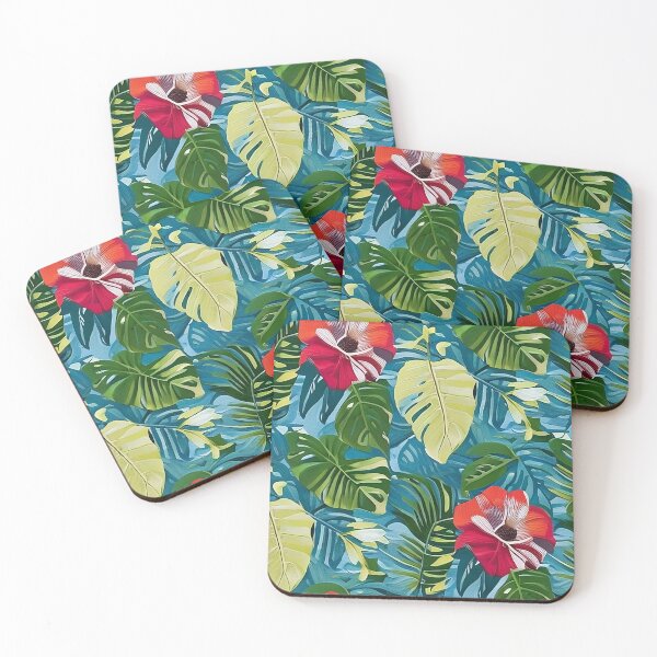Item preview, Van Gogh Inspired Monstera and Red Flower on Blue Green Background Pattern designed and sold by sunflowerlight.