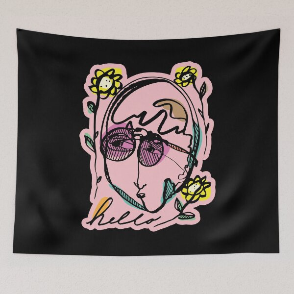 Item preview, Hello Darlin Abstract Face with Glasses and Flowers Line Art Pink Rainbow Design designed and sold by SleepingInCo.