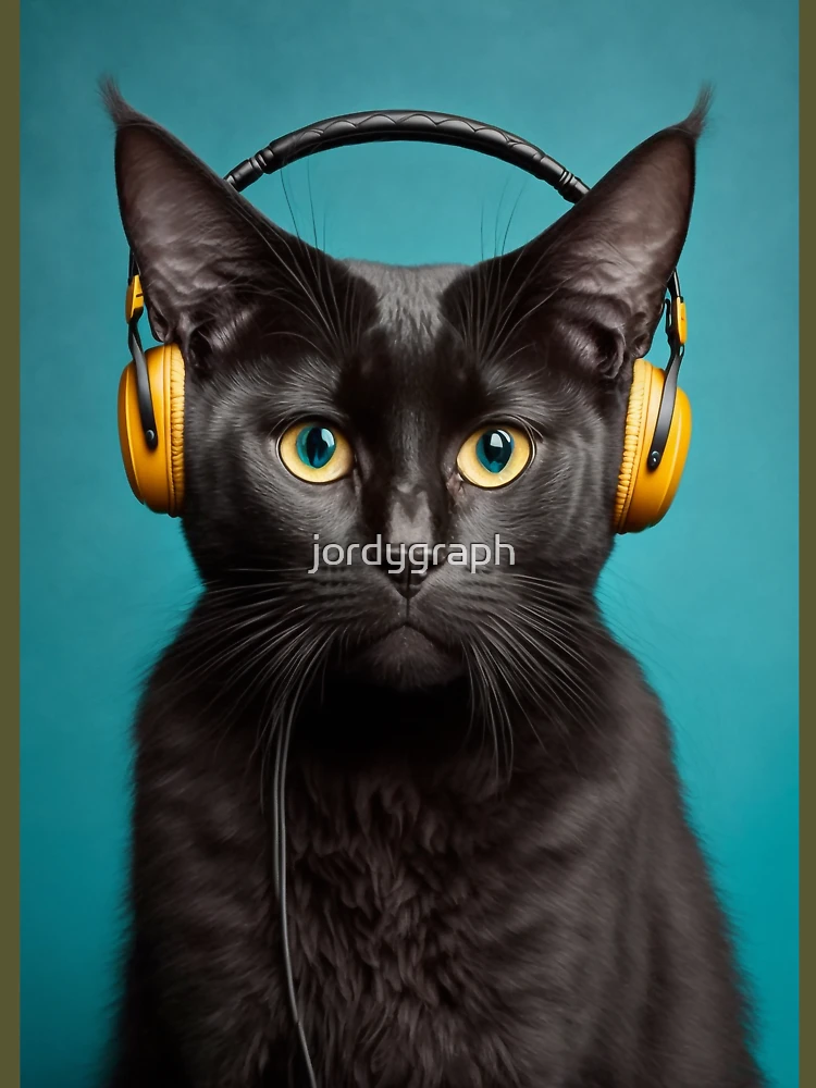 Black cat with headphones