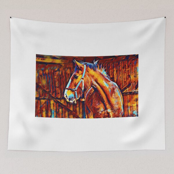 Item preview, Shire horse in stable – blue orange and brown digital painting designed and sold by NickoPrints.