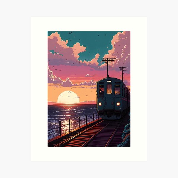 Aperçu de l'œuvre Vieux train japonais de style anime rétro créée et vendue par KaPrints.