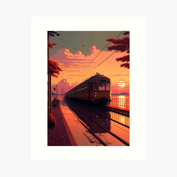 Aperçu de l'œuvre Vieux train japonais de style anime rétro créée et vendue par KaPrints.