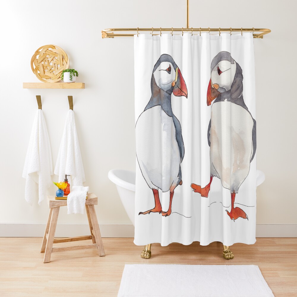 "Puffin friends dancing illustration" Shower Curtain by kittyvdheuvel