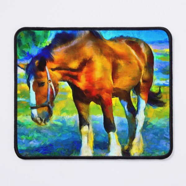 Item preview, Brown shire horse outside, on a colorful blue and green background designed and sold by NickoPrints.