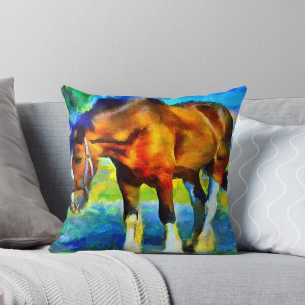 Item preview, Brown shire horse outside, on a colorful blue and green background designed and sold by NickoPrints.