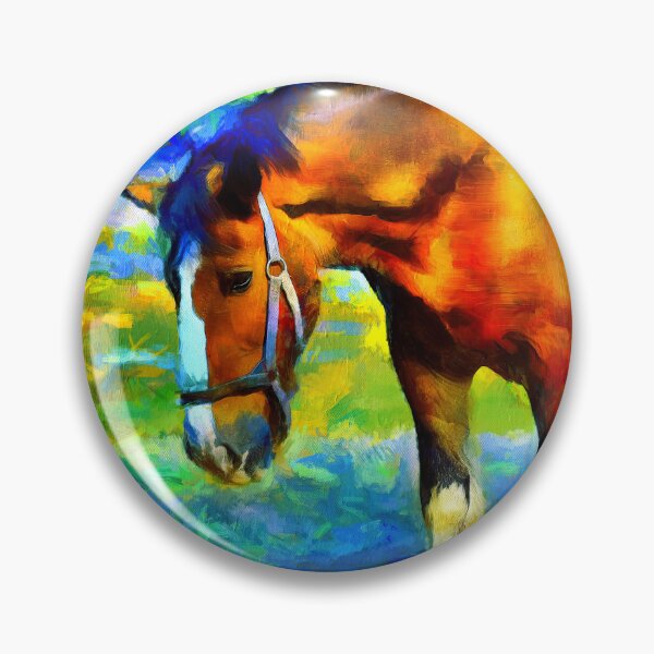 Item preview, Brown shire horse outside, on a colorful blue and green background designed and sold by NickoPrints.