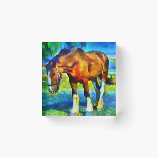 Item preview, Brown shire horse outside, on a colorful blue and green background designed and sold by NickoPrints.