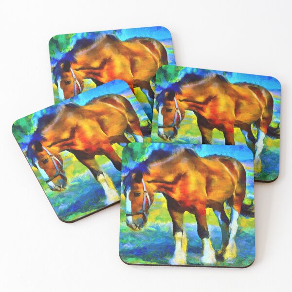 Item preview, Brown shire horse outside, on a colorful blue and green background designed and sold by NickoPrints.