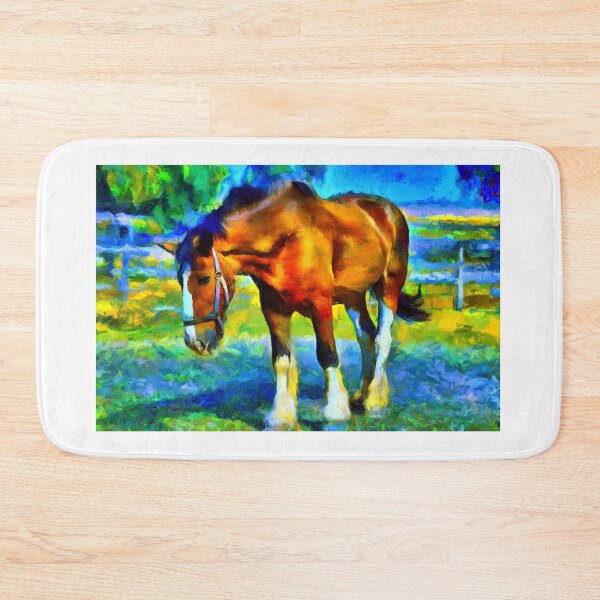 Item preview, Brown shire horse outside, on a colorful blue and green background designed and sold by NickoPrints.