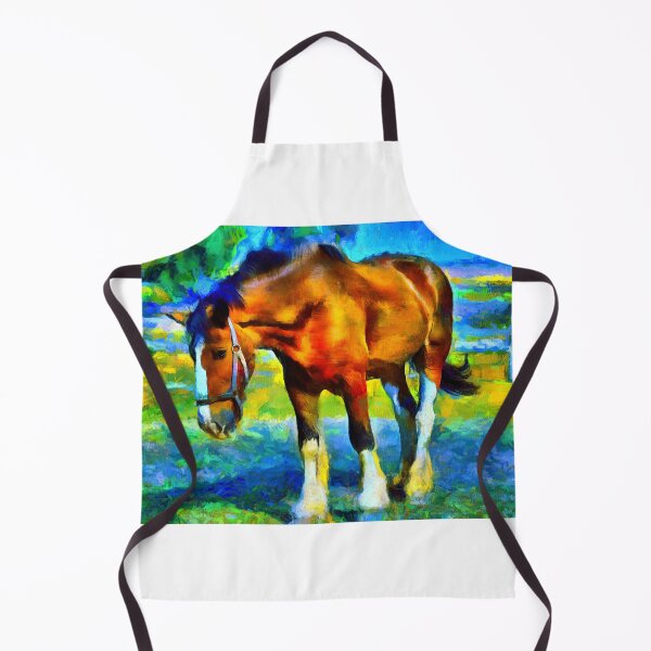 Item preview, Brown shire horse outside, on a colorful blue and green background designed and sold by NickoPrints.
