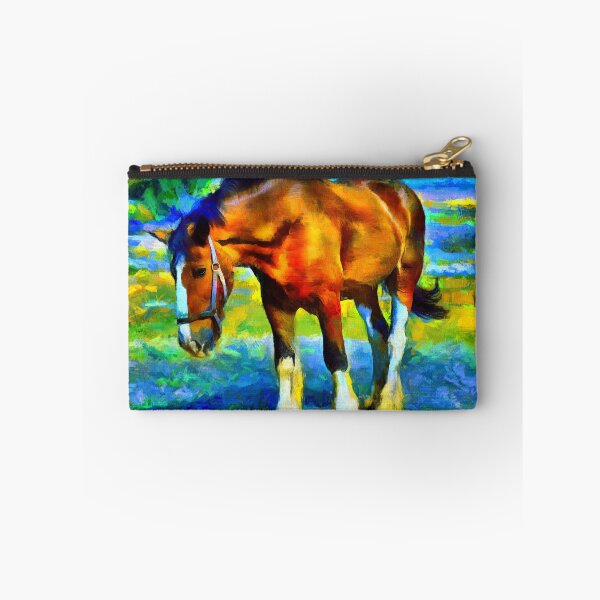 Item preview, Brown shire horse outside, on a colorful blue and green background designed and sold by NickoPrints.