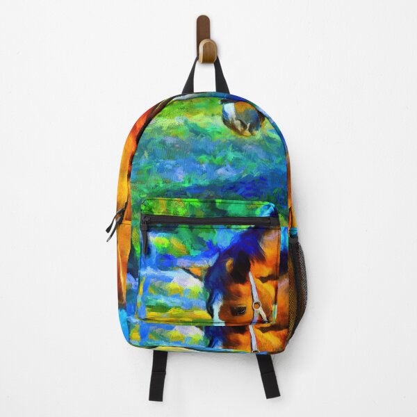 Item preview, Brown shire horse outside, on a colorful blue and green background designed and sold by NickoPrints.