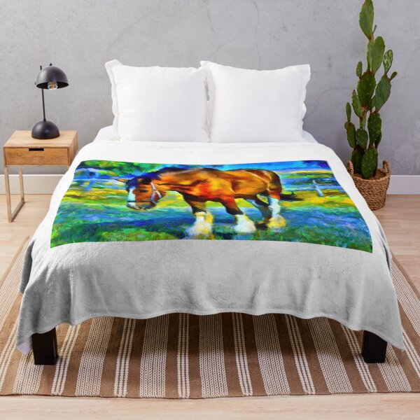 Item preview, Brown shire horse outside, on a colorful blue and green background designed and sold by NickoPrints.