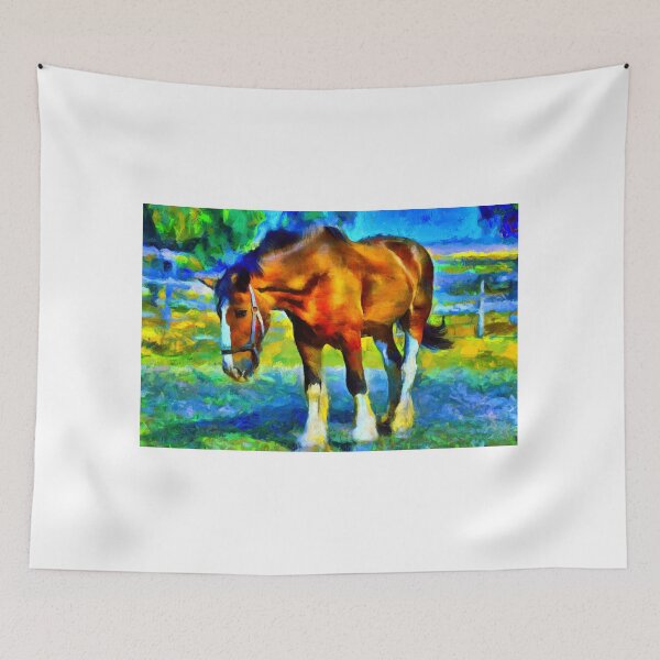 Item preview, Brown shire horse outside, on a colorful blue and green background designed and sold by NickoPrints.