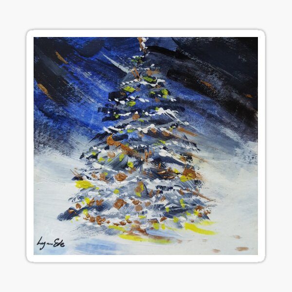 Christmas, masks, prints, painting, picture, Xmas gifts, winter weather, snowy, art,ree at Night in the Snow Sticker