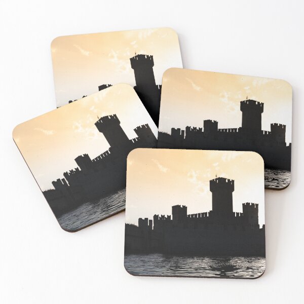 Item preview, Italy - Sirmone castle silhouette on the Garda lake at sunset. Medieval architecture with tower. designed and sold by Paolo Modena Photography    -   Fine Italian Art.