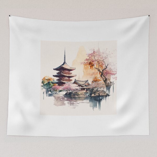 Item preview, Watercolor Autumn Temple japan designed and sold by Makoto-Styl.