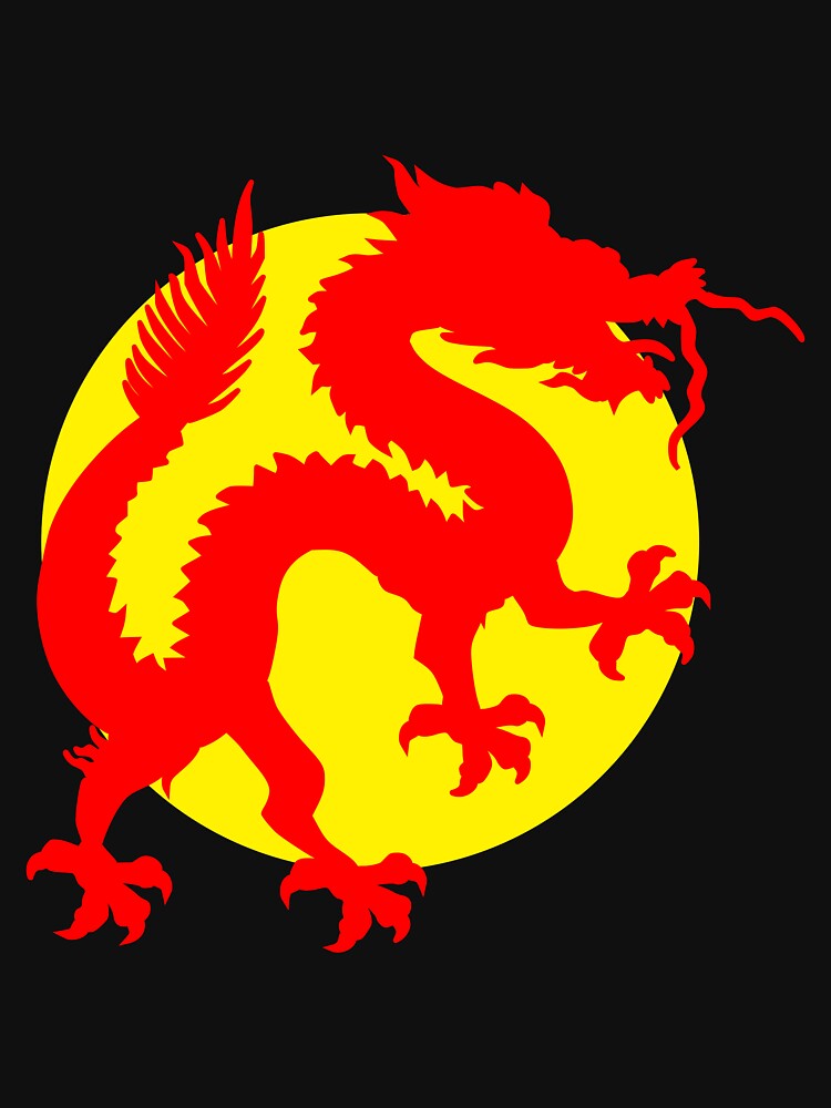 "Red Chinese Luck Dragon Standing In Front of The Golden Yellow Sun