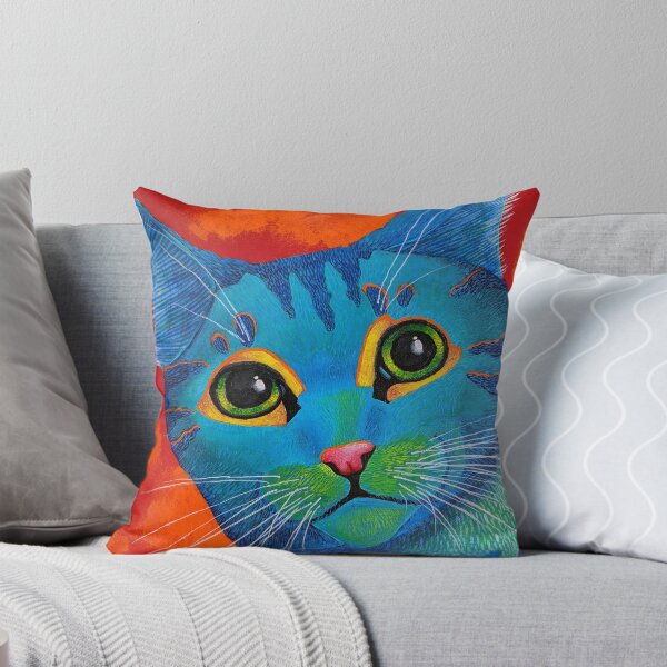 Item preview, Pop Art Electric Blue Tabby Cat with red and orange cloudy background designed and sold by Dawn Pedersen.