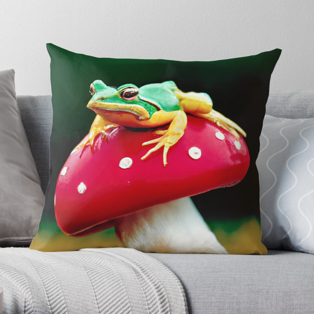 Green Tree Frog Sitting On An Amanita Muscaria Mushroom - Santa Claus  Mushroom Psychedelic Pillow for Sale by AlanPhotoArt