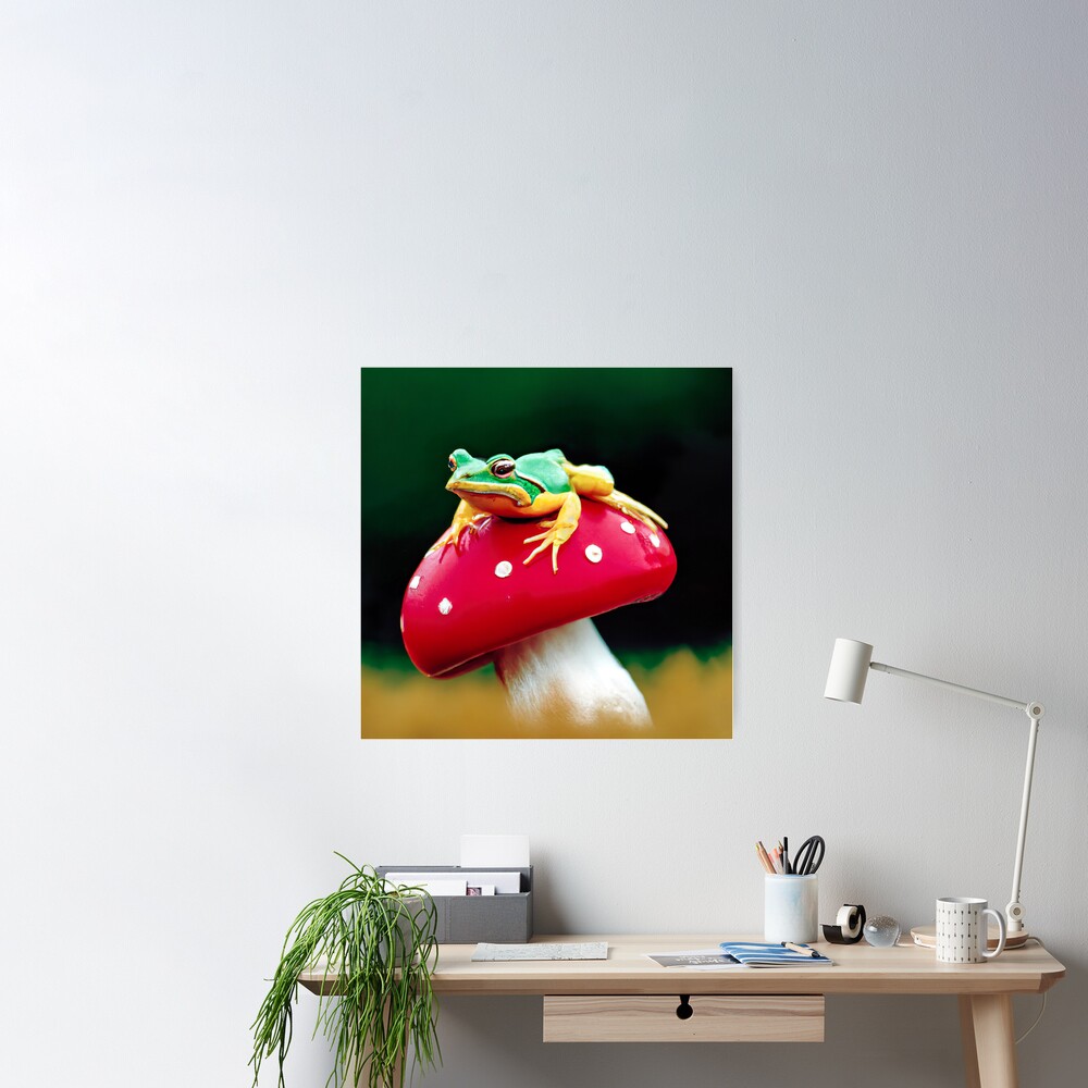 Green Tree Frog Sitting On An Amanita Muscaria Mushroom - Santa