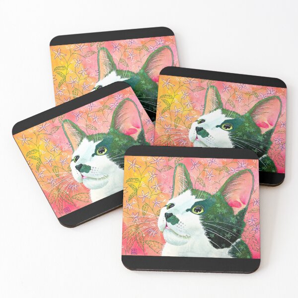 Item preview, Colorful green and pink tuxedo cat painting in an energetic pop art style with citrusy floral background designed and sold by Dawn Pedersen.