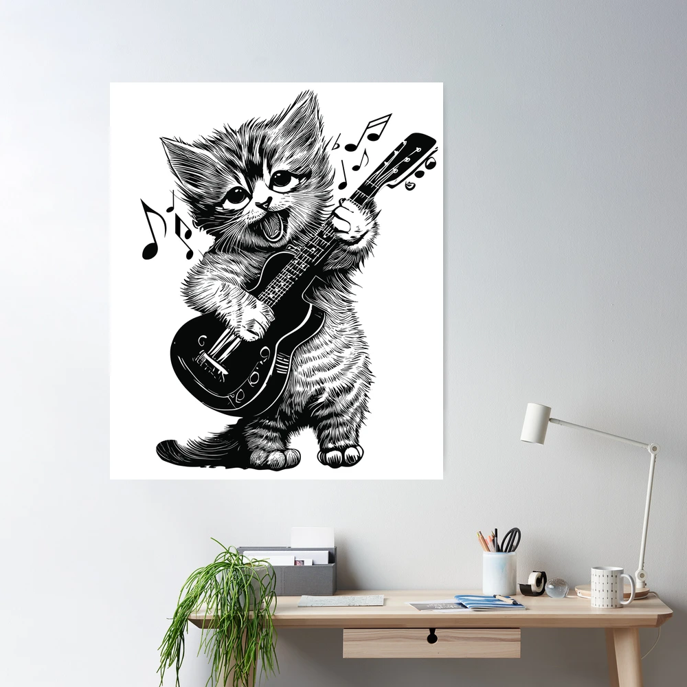 Poster for Sale avec l'œuvre « Jeu de mots de chat cool pour les musiciens  - meowsician - musicien de jazz, chat jouant de la guitare électrique à  l'aquarelle » de l'artiste