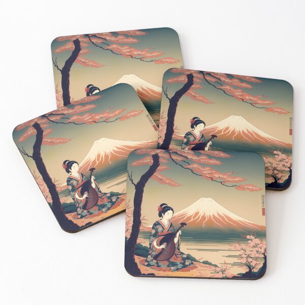 Item preview, Japanese geisha woman playing music with Mount Fuji in the background designed and sold by Globuwear.