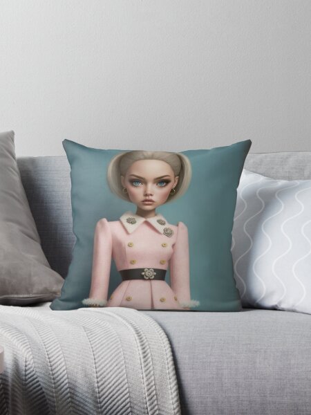 Blonde Girl with pink Coat Throw Pillow