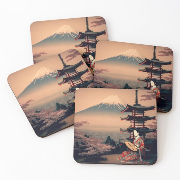 Item preview, Japanese geisha woman playing music with Mount Fuji in the background designed and sold by Globuwear.