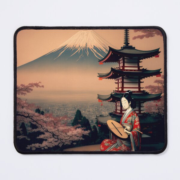 Item preview, Japanese geisha woman playing music with Mount Fuji in the background designed and sold by Globuwear.