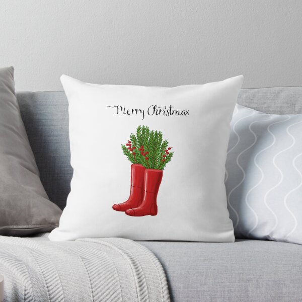 Merry Christmas Red Rain Boots with Greenery & Berries Throw Pillow