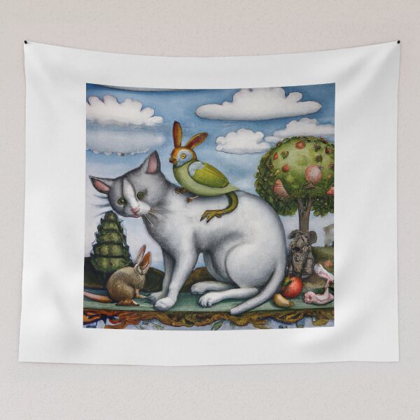 Item preview, Hieronymus Bosch Style Cat With A Bird Creature On Its Back - Garden Of Earthly Delights designed and sold by AlanPhotoArt.
