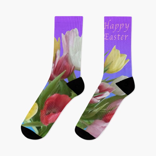 Item preview, Happy Easter Didiers Tulip (Tulipa Gesneriana) Pink Red and Yellow Botanical Flowers Garden on Purple Blue Gradient  designed and sold by VistaViews.