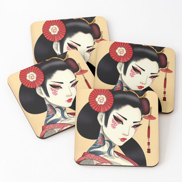 Item preview, Geisha with Red Fan and Tattoos Portrait in Traditional Japanese + Anime Style designed and sold by Ellen Davis.
