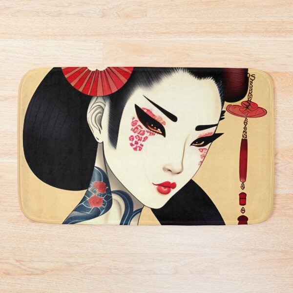 Item preview, Geisha with Red Fan and Tattoos Portrait in Traditional Japanese + Anime Style designed and sold by Ellen Davis.