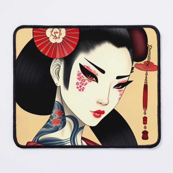 Item preview, Geisha with Red Fan and Tattoos Portrait in Traditional Japanese + Anime Style designed and sold by Ellen Davis.