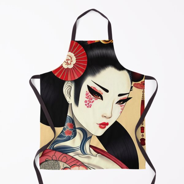 Item preview, Geisha with Red Fan and Tattoos Portrait in Traditional Japanese + Anime Style designed and sold by Ellen Davis.