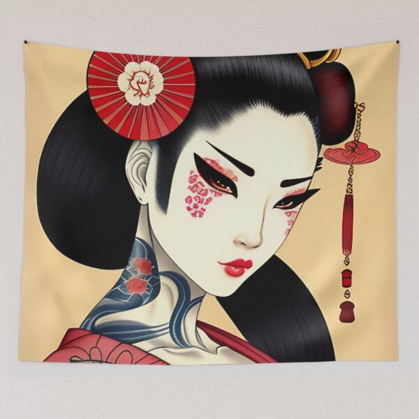 Item preview, Geisha with Red Fan and Tattoos Portrait in Traditional Japanese + Anime Style designed and sold by Ellen Davis.