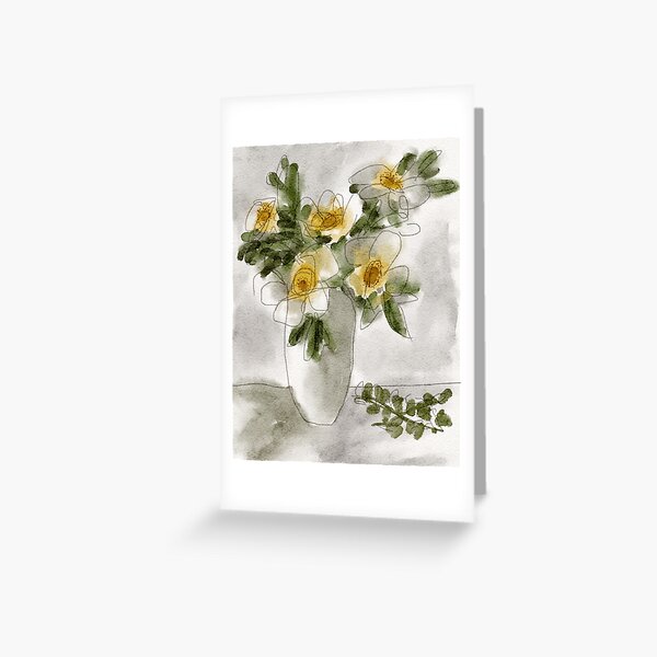 Yellow flowers in a White Vase Watercolour Painting Greeting Card
