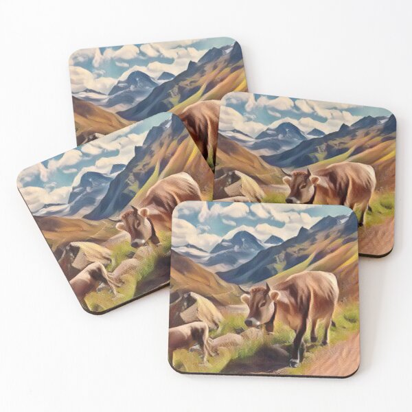 Item preview, Brown Farm Cows hiking along a mountain ridge designed and sold by FarmsteadAcers.