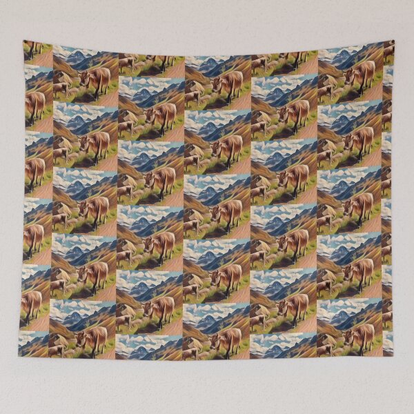 Item preview, Brown Farm Cows hiking along a mountain ridge designed and sold by FarmsteadAcers.