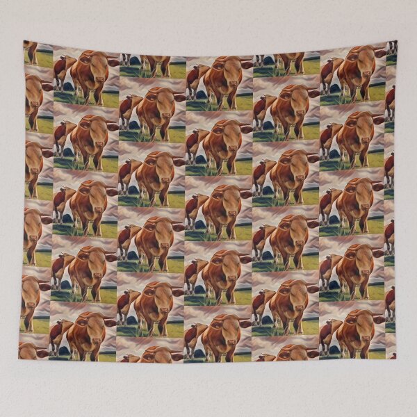 Item preview, Angry Brown farm cow in his pasture painting designed and sold by FarmsteadAcers.