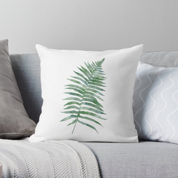 Tropical Watercolor Fern Leaf in Dark Green Throw Pillow