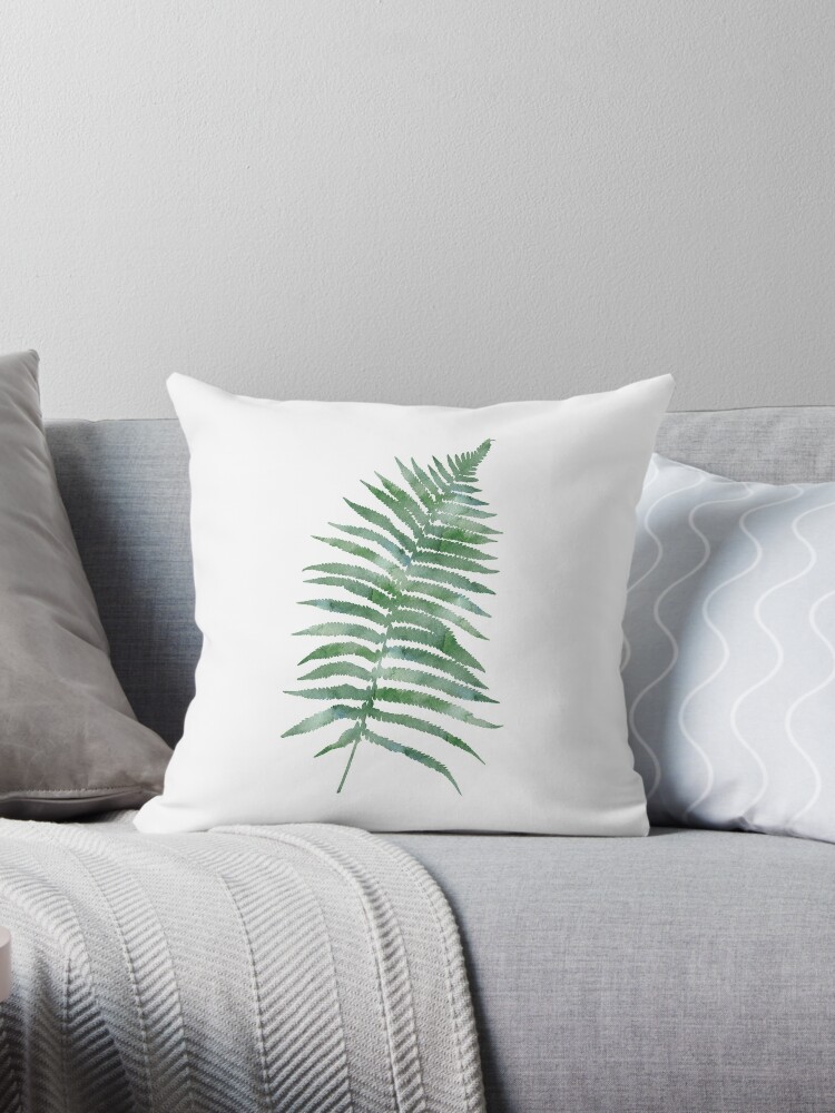 Tropical Watercolor Fern Leaf In Dark Green Throw Pillow By Blueskywhimsy Redbubble