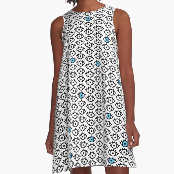 Black, White & Blue Spooky Eyes A-Line Dress