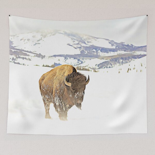 Aperçu de l'œuvre Buffalo dans une tempête de neige avec des montagnes en arrière-plan créée et vendue par UnlockingDesign.