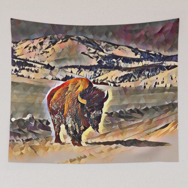 Aperçu de l'œuvre Buffalo dans une tempête de neige avec des montagnes en arrière-plan créée et vendue par UnlockingDesign.